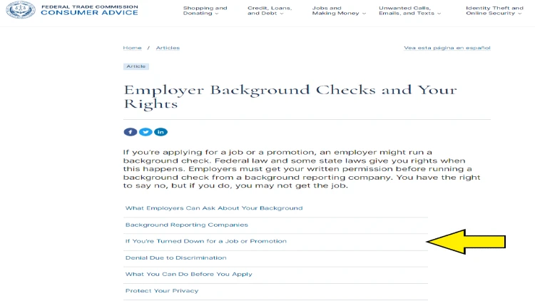 Screenshot of FTC website page for employer background checks with yellow arrow pointing to employee rights when turned down for a job promotion.