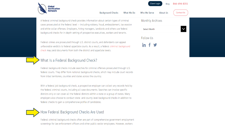 Screenshot of Global Verification Network website page about federal background checks with yellow arrows pointing to the definition of federal background check and how federal background checks are used.
