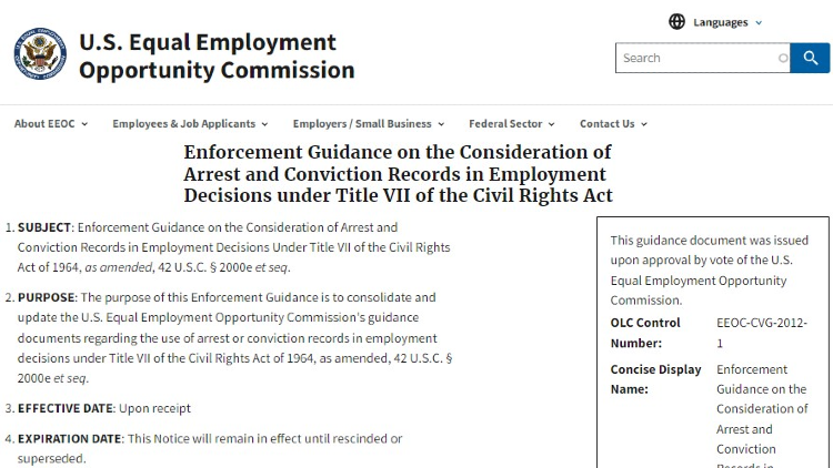 Screenshot of U.S. Equal Employment Opportunity Commission website page with yellow arrow pointing to the Enforcement Guidance on the Consideration of Arrest and Conviction Records in Employment Decisions under Title VII of the Civil Rights Act.