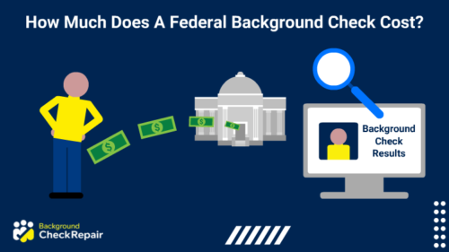 Man watches as dollars flow into a federal building and a FBI background check is presented on the right side computer screen wondering how much does a federal background check cost to have done and how long does a federal background check take.