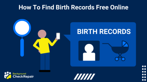 Man showing a screenshot of his phone with a baby carriage has his hands on his hips and a magnifying glass behind him to demonstrate how to find birth records free online and how to get a copy of a birth certificate free online.