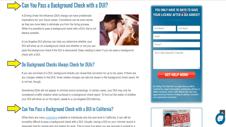 Screenshot of a website page with yellow arrows pointing to background checks with DUI.
