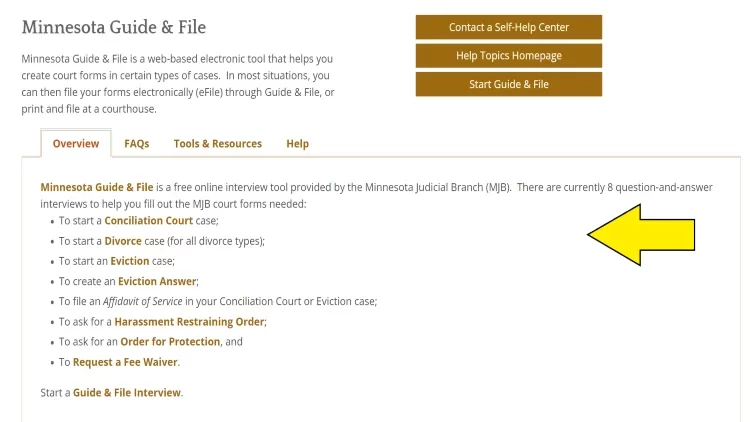 Screenshot of Minnesota Guide and File website about its overview with yellow arrow pointing to the court forms needed.