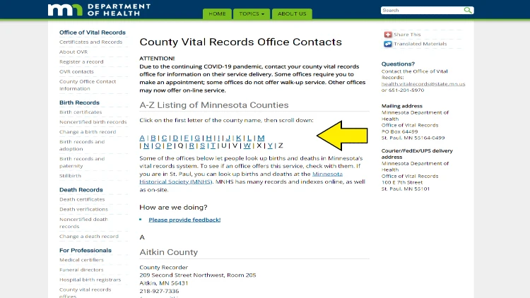 Screenshot of Minnesota Department of Health website about County Vital Records Office Contacts with yellow arrows to the list of Minnesota counties.