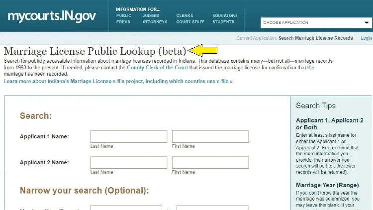 Screenshot of mycourts Indiana gov website page about marriage license public lookup with yellow arrow pointing to a search form.