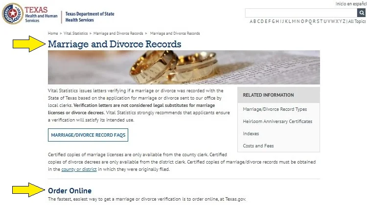 Screenshot of Texas Health and Human Services website page about marriage and divorce records with yellow arrow pointing to order online.
