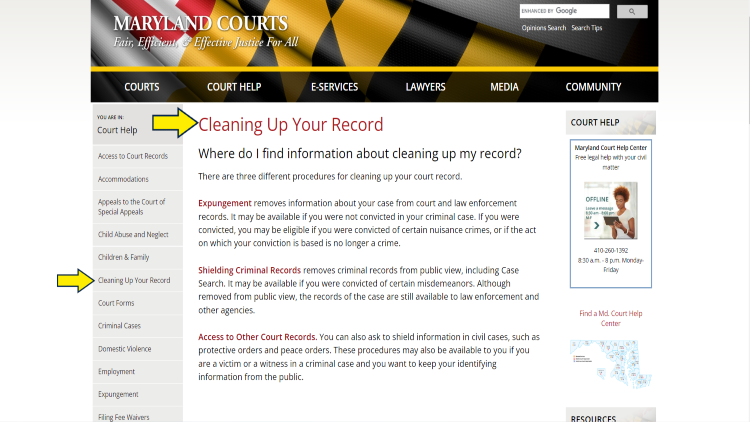 Screenshot of Maryland Courts website page for cleaning up court records with yellow arrows pointing to the procedures for cleaning or sealing court records.