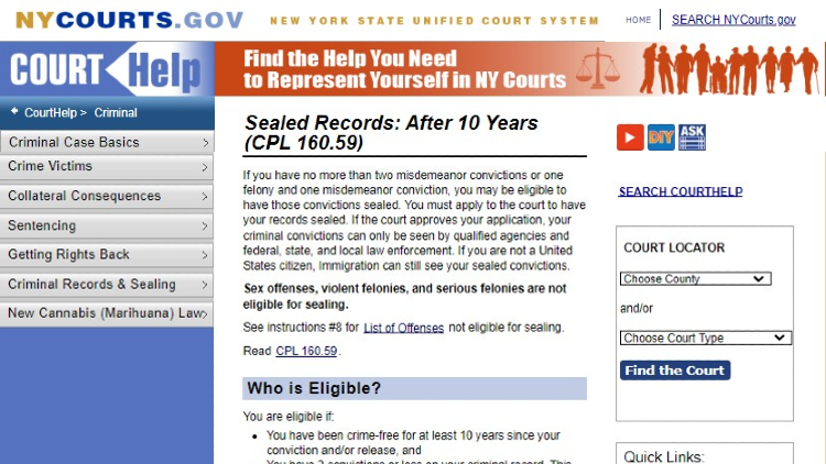 Screenshot of NY Courts website page about Court Help with yellow arrows pointing to the sealed records after 10 years.
