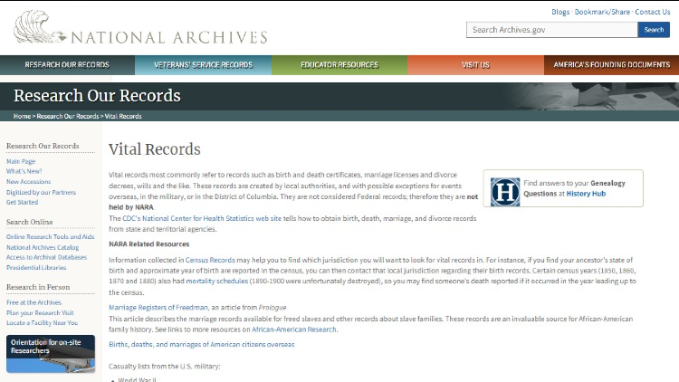 Screenshot of National Archives website page about researching records with yellow arrow pointing to vital records.