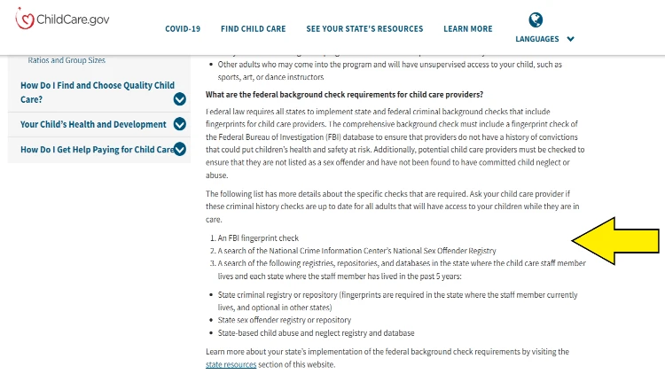 Screenshot of Office of Child Care website page for federal background check with yellow arrow pointing to the list of required background checks for every childcare provider.