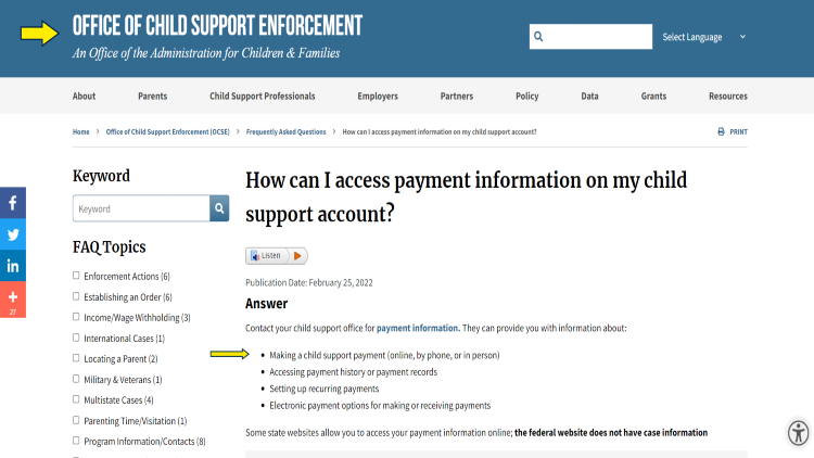 Screenshot of Office of Child Support Enforcement website page for FAQ with yellow arrow pointing to list of payment methods for child support.