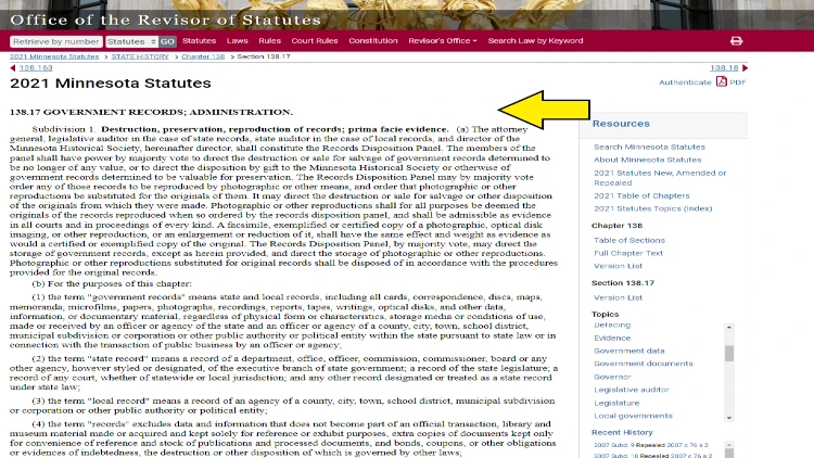 Screenshot of Office of the Revisor Statutes website about 2021 Minnesota Statutes with yellow arrow pointing to government records administration explaining the answer to are divorce records public in Minnesota. 