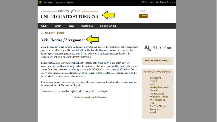 Screenshot of Offices of the United States Attorneys website page for criminal proceedings with yellow arrows pointing at what is and what happens during arraignment.
