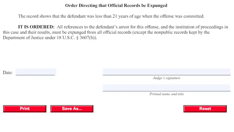 An screenshot from form AO 246A of United States District Court for official records expungement.