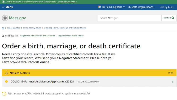 Screenshot of Massachusetts website page about birth, marriage, or death certificate with yellow arrow pointing on how to order them online.