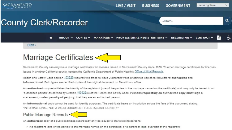 Screenshot of Sacramento County website page about County Clerk Recorder with yellow arrows pointing to marriage certificates and public marriage records.