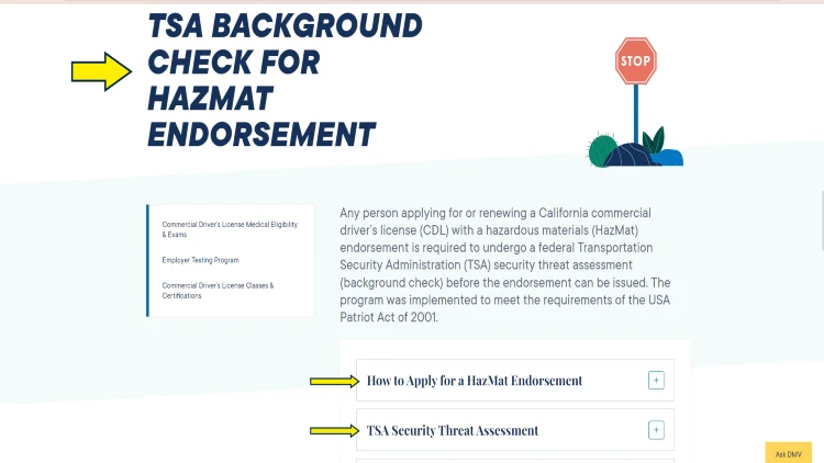 Screenshot of State of California website page for TSA HazMat background check with yellow arrow pointing to the process and requirements of obtaining HazMat Endorsement and TSA Security Threat Assessment when applying for or renewing CDL in California.