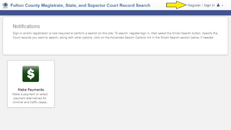 Screenshot of Fulton Magistrate website about making payments to find out are divorce records public in Georgia with yellow arrow pointing to registration link.