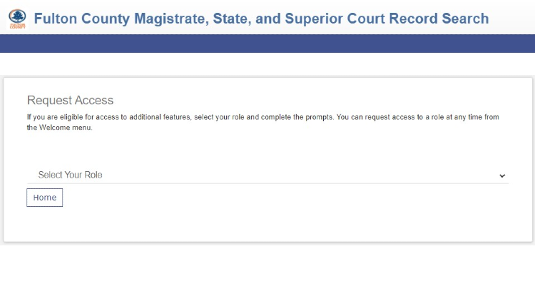 Screenshot of Fulton County Magistrate website about record search with yellow arrow pointing to request access form.
