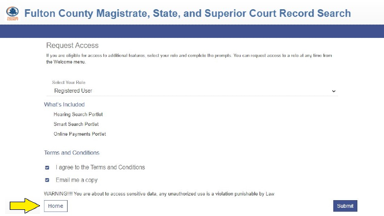 Screenshot of Fulton County Magistrate website about request access with yellow arrow pointing to the home page.
