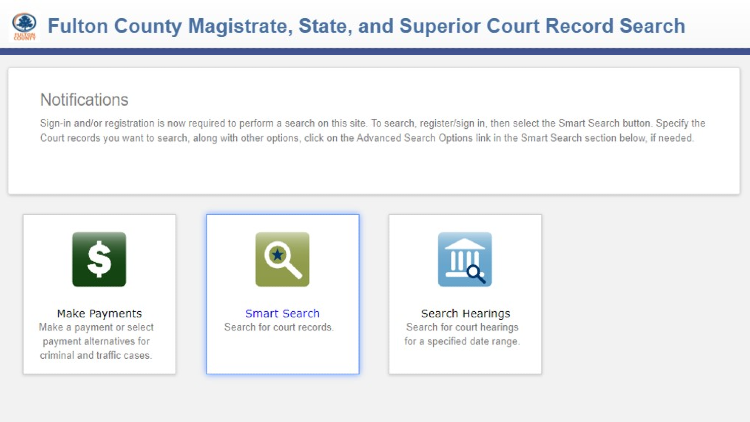 How to check for divorce in Georgia Screenshot of Fulton County Magistrate website about Notifications page with yellow arrow pointing to the smart search option.