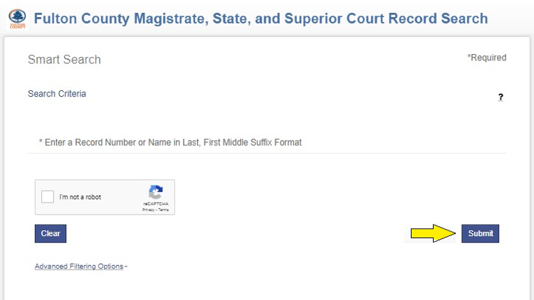 Screenshot of Fulton County Magistrate website about Smart Search with yellow arrow pointing to the Submit button.