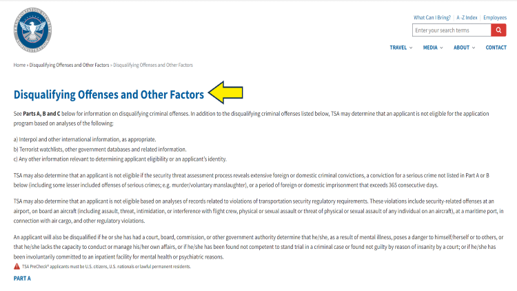 Screenshot of TSA website page for employment disqualifiers with yellow arrow pointing to the disqualifying offenses and other factors that can affect TSA employment application.