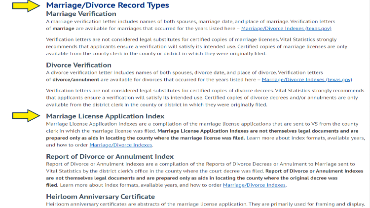 Screenshot of Texas Department of Health Services website page for marriage/divorce record types with yellow arrow pointing to Texas marriage license application index.