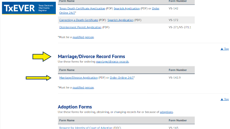 Screenshot of Texas Department of State Health Services for vital records application forms with yellow arrow pointing to pdf copy of marriage/divorce application form.