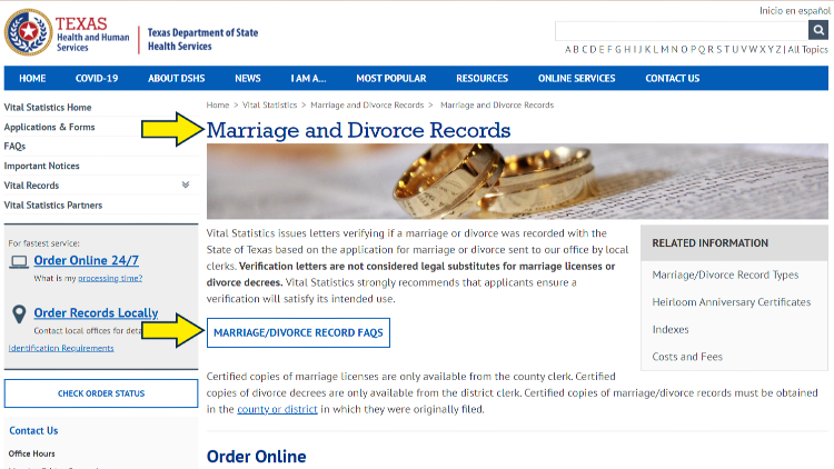 Screenshot of Texas Health and Human Services website page for vital statistics with yellow arrows pointing to information about where to get and frequently asked questions about marriage and divorce records.