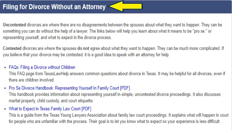 Screenshot of Texas Health and Human Services website page for vital statistics with yellow arrows pointing to definition of contested and uncontested divorce and links of resources for filing for divorce without an attorney in Texas.
