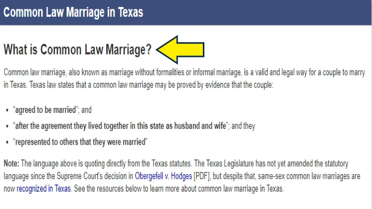 Screenshot of Texas State Law Library website page for guides with yellow arrow pointing to common law marriage definition in Texas.