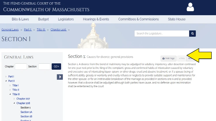 Screenshot of Commonwealth of Massachusetts website page about Section 1 with yellow arrow pointing to the causes for divorce and general provisions.