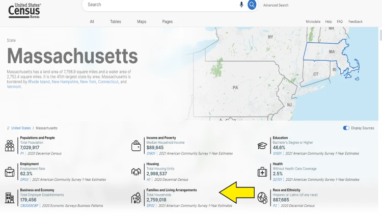 Screenshot of United States Census website page about Massachusetts with yellow arrow pointing to the number of families in it.