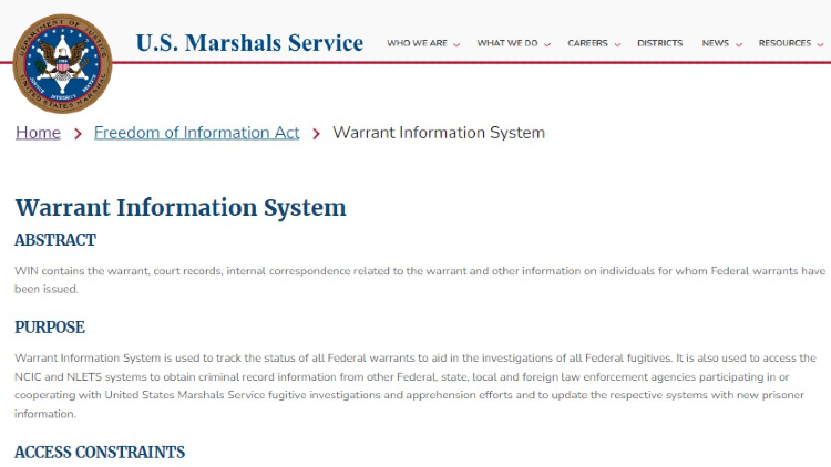 Screenshot of U.S. Marshals Service website page for Freedom of Information Act with information in relation to Warrant Information System.