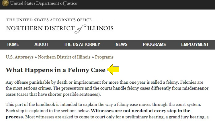 Screenshot of US Department of Justice website page for programs in Northern District of Illinois with yellow arrow pointing to information on what happens if you are charged with a felony.
