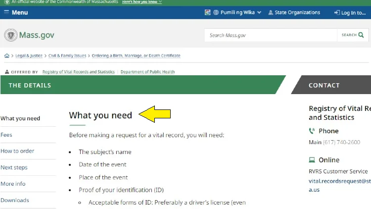 Screenshot of Massachusetts website page about Registry or Vital Records and Statistics with yellow arrow pointing to the checklist of what is needed.