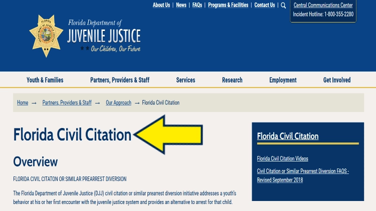Screenshot of Florida Department of Juvenile Justice website page about civil citation with yellow arrow pointing to its overview.
