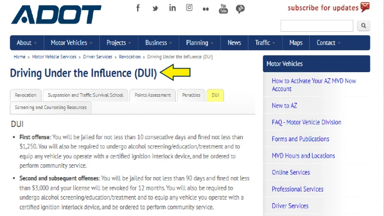 Screenshot of ADOT website page for motor vehicle services with yellow arrow pointing to driving under the influence