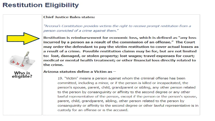 Restitution eligibility screenshot for Arizona criminal mischief charges. 