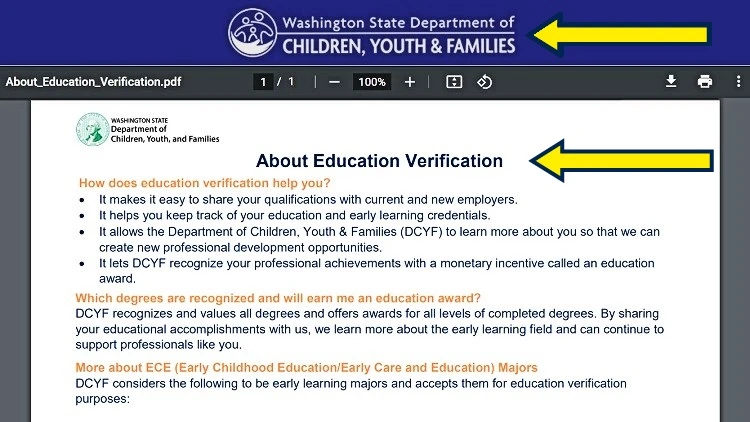Screenshot of Washington State Department of Children, Youth & Families website page for professional development, training, and requirements with yellow arrows pointing to education verification.