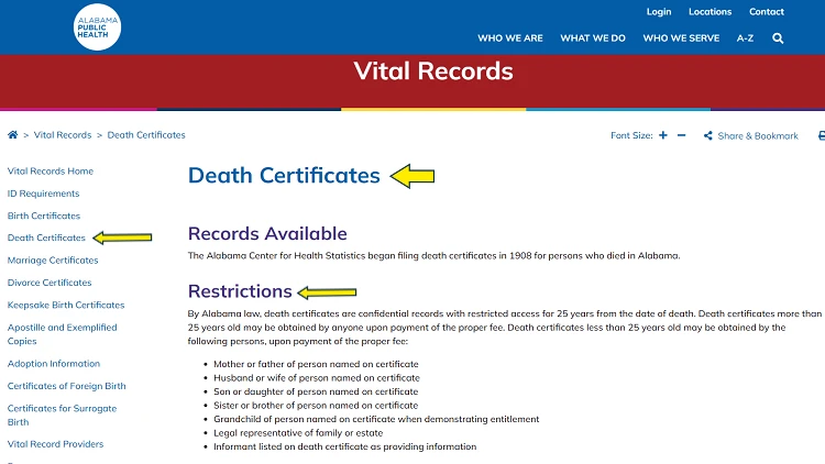 Screenshot of Alabama Public Health website page for vital records with yellow arrows pointing to who can get a copy of a death certificate.