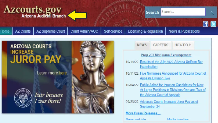 Screenshot of AZ Courts website page with yellow arrow pointing to Arizona Judicial Branch