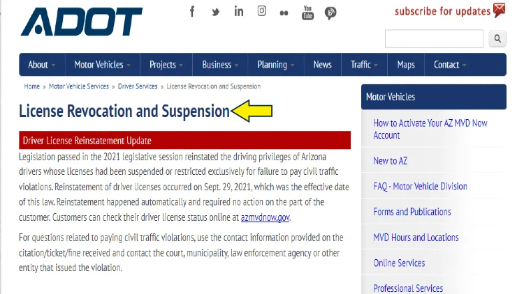 Screenshot of ADOT website page for motor vehicle services with yellow arrow pointing to license revocation and suspension