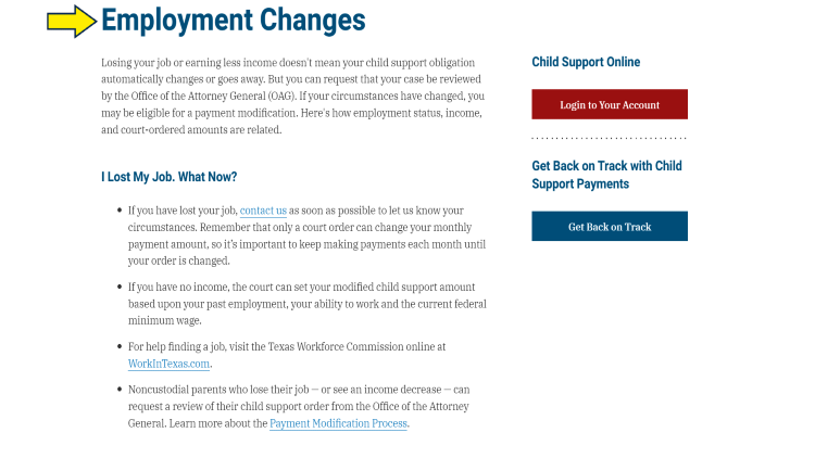 Screenshot of Attorney General of Texas website page for child support with yellow arrow pointing to information on things to do when employment changes for non-custodial parent.