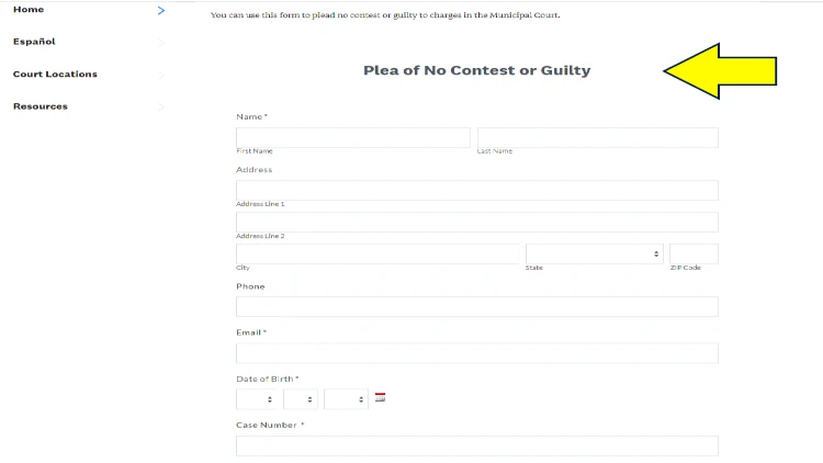 Screenshot of Austin Municipal Court website page for forms with yellow arrow pointing to Plea of No Contest of Guilty in Austin.
