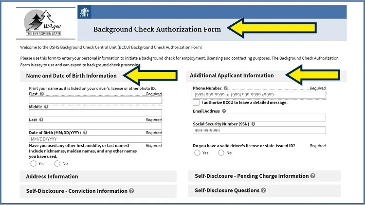 Screenshot of Washington State website page for background check with yellow arrows pointing to application form to initiate background check.