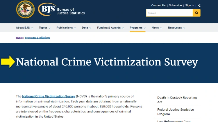 Screenshot of Bureau of Justice Statistics for programs and initiatives with yellow arrow pointing to information on national crime victimization survey.