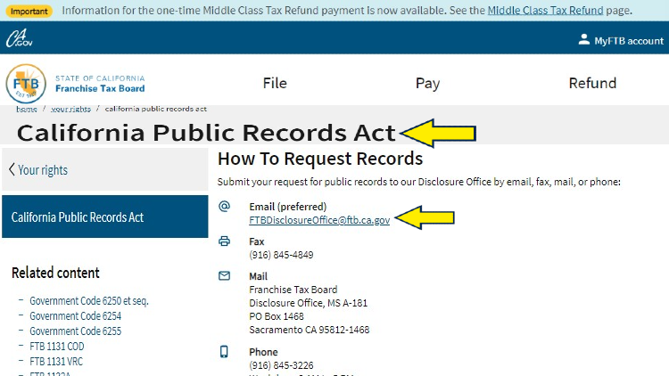 Screenshot of California website page for public records act with yellow arrows on how to request public records.