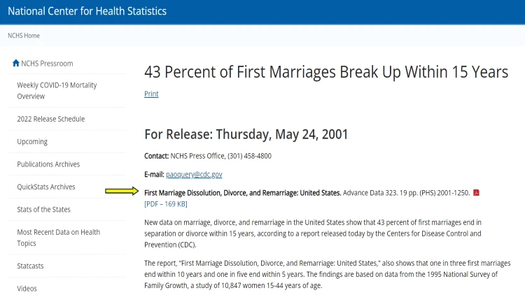 Screenshot of CDC website page for NCHS with yellow arrow pointing to link of divorce statistics PDF.